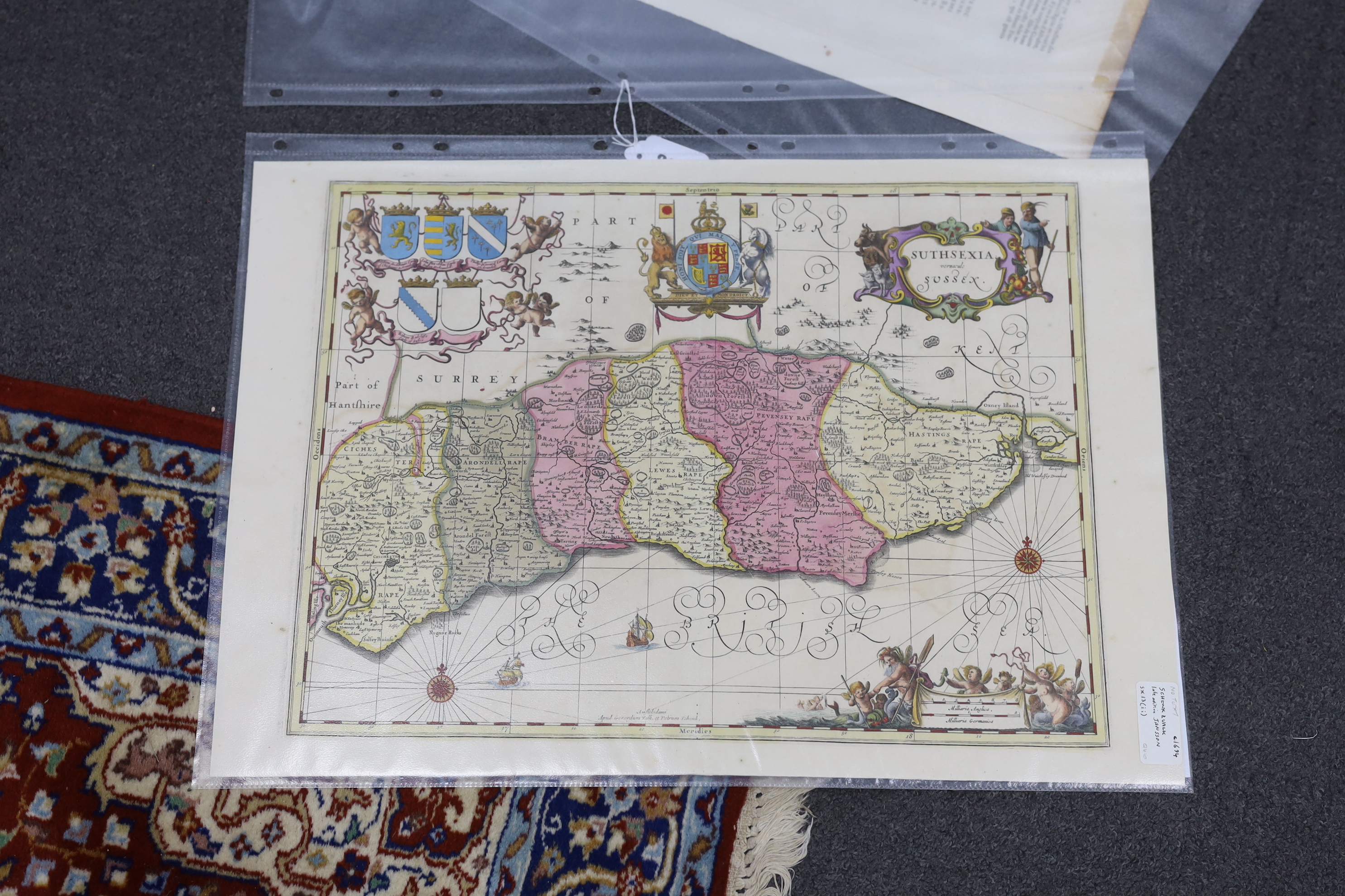 Three unframed 17th century maps of Sussex; a Valk & Schenk, 41 x 58cm and two by Johannes Blaeu, 46 x 59cm and 50 x 61cm